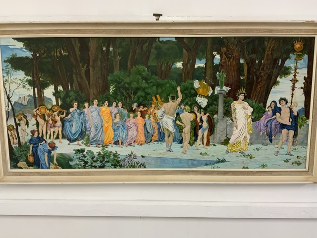 R.H Guest 1975 oil on board of a Roman gathering.W:112cm x D:cm x H:53cm