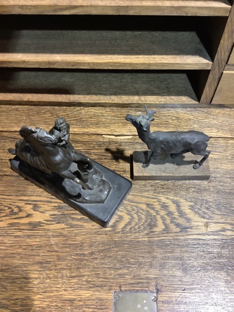 A bronze model of a stag on a wooden plinth base together with a small bronze Marley horse on bronze - Image 2 of 2