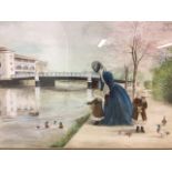 A watercolour of a Mother and Daughters feeding the bird by the River Tone in Taunton by Ann Gray.