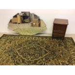 A sewing box with contents a green modern rug a a mirror (with damage.)