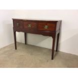 Victorian mahogany serving table, three deep drawers with brass handles on separate base.W:115cm x