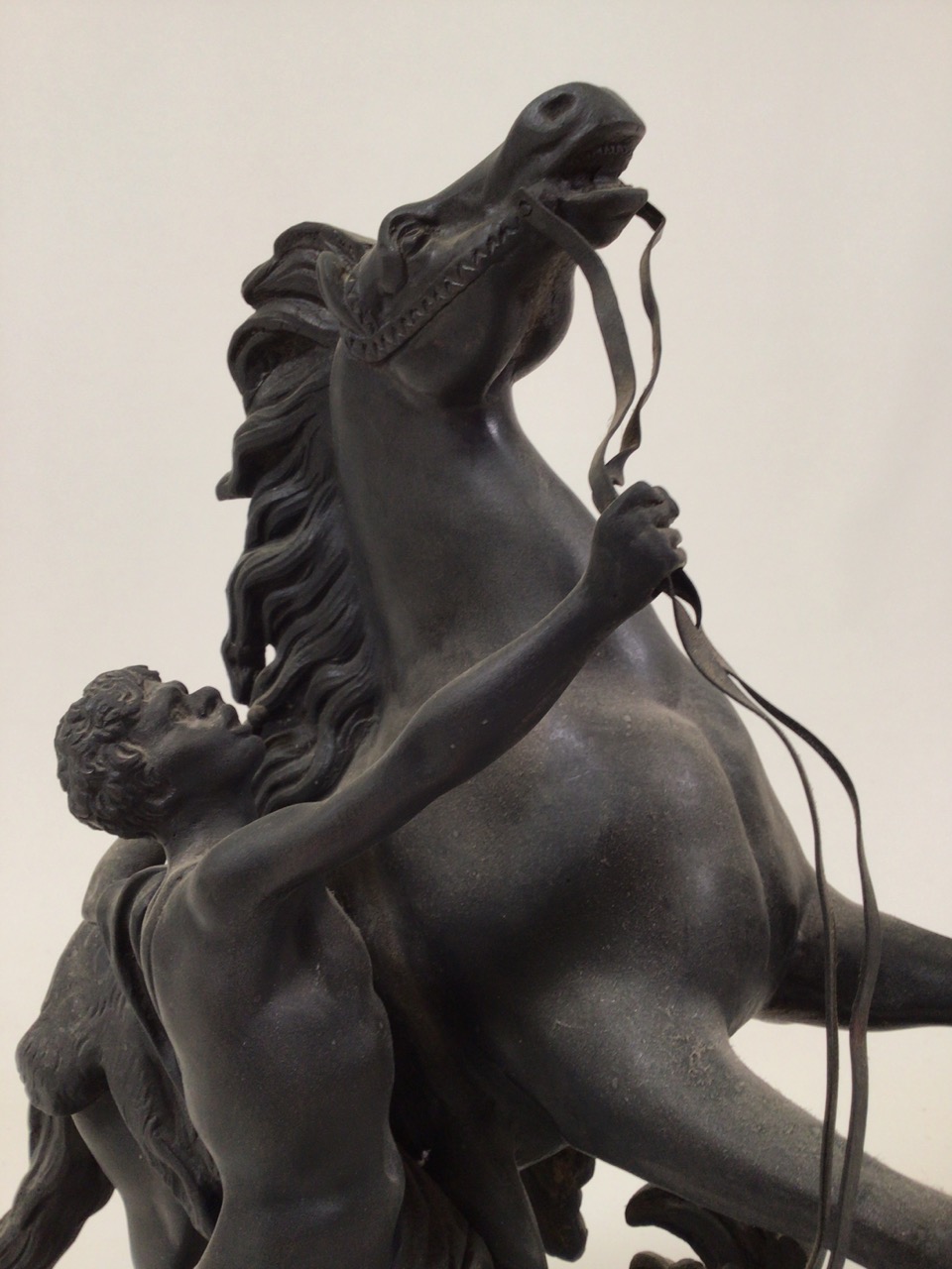 After Guillaume Costeau - Pair of bronze Marley horses with horsemen, each in rearing pose on oval - Image 7 of 16