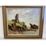 An oil on board by Archie Niven of a Cornish Tin mine on a rocky coast line.W:59cm x D:cm x H: