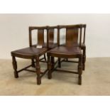 Four oak dining chairs with leather seats.W:50cm x D:43cm x H:83cm