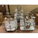Three cut glass and silver plated condiment sets.