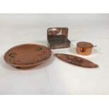 A copper plate by Richard Meade with other copper items plus a silver plate sandwich box.