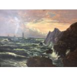 English School. Oil on canvas. A seascape with crashing waves and ships on the horizon. In gilt