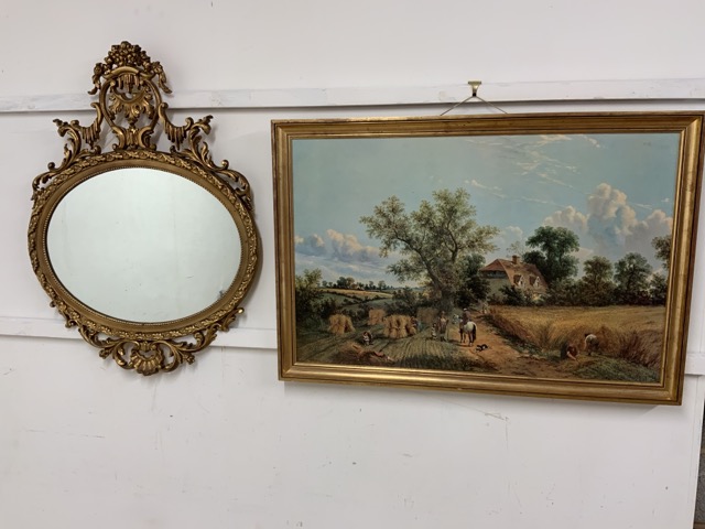 A modern decorative gold mirror also with a country print from an oil painting.W:67cm x D:cm x H: