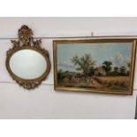 A modern decorative gold mirror also with a country print from an oil painting.W:67cm x D:cm x H: