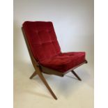 A mid century Teak ''Scimitar'' Chair, by Reyway, the folding frame with two cushions, labelled ''