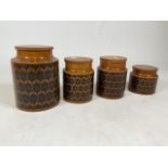Four Hornsea storage jars for flour, sugar, tea and sultanas. Circa 1970s.