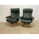 Two 20th century green leather recliners by Stressless. W:86cm x D:75cm x H:101cm