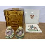 Two Royal Albert Breatrix Potter frogs, two titles and a retro amber coloured light-candle shade.