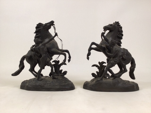 After Guillaume Costeau - Pair of bronze Marley horses with horsemen, each in rearing pose on oval - Image 2 of 16