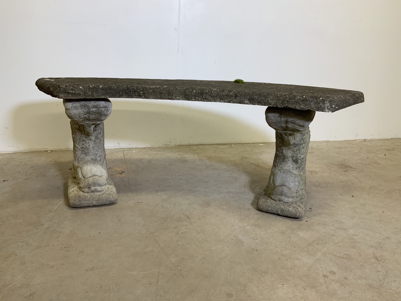 Concrete pedestal garden bench with dolphin supports.W:120cm x D:37cm x H:42cm