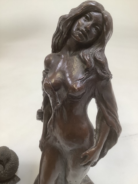 Two bronze effect models. A puffin and chick together with a scantily clad lady. - Image 2 of 2
