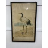 An oriental print of a crane with silk mount in black and gold frame. W:64cm x D:cm x H:102cm