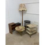 A collection of furniture, including a standard lamp and telephone table etc.