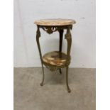 A metal jardiniere stand with circular marble top and a lower marble shelf.W:39cm x D:39cm x H: