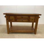 A modern rustic style pine kitchen island with inset marble top, drawers pull out both sides. W: