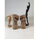 Two wooden artists mannequins and a pair of carved wooden hands