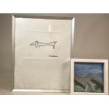 A Picasso print also with a needlework of fish. W:36cm x H:49cm