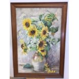 Sunflowers in vase. Large watercolour on paper in French walnut frame. W:66cm x H:101cm. With frame
