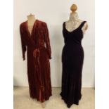 A 1920/30s purple velvet dress by Fenwick with a 1920/30s velvet rust day coat with lace detailing