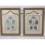Two prints in distressed frames with originals artwork detail on mount. Frame size W:56cm x H:75cm