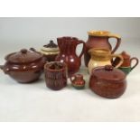 Pottery jugs, early brown Bretby tea pot etc