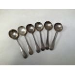 A set of six sterling silver soup spoons. By James R Ogden and Sons Ltd. Sheffield, 1966. 10.10ozt