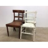 Two dining chairs with leather seats also with three painted chairs. W:47cm x D:40cm x H:86cm