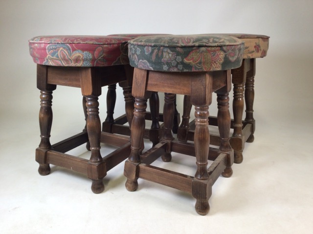 Four oak pub stools. W:34cm x D:34cm x H:49cm