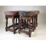 Four oak pub stools. W:34cm x D:34cm x H:49cm