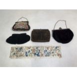 A collection of ladies handbags and an example of embroidery on silk panel.