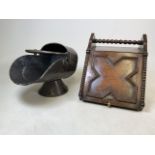 An oak coal purdonium with metal liner and shovel also with a copper scuttle. W:35cm x D:44cm x H:
