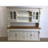 A large painted pine two part country kitchen dresser. 223cm x 212cm x 50cm