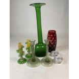 A selection of glass, twisted candlesticks, large green vase etc. Large green vase. W:11cm x D: