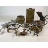 A selection of brassware and epns to include a copper and brass flask a three legged Chinese pot