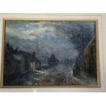 Unsigned watercolour on paper of a winter moonlit lane. Image: W:35cm x H:24cm