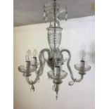 Five branch chandelier with drop lustres. W:45cm x H:56cm