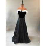 1940s velvet and taffeta strapless boned ball gown. Waist measurement 24