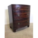 A small mahogany bow fronted chest of three drawers. Converted commode. W:60cm x D:41cm x H:73cm