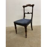 A Victorian rosewood dining chair with blue upholstered seat. W:40cm x D:40cm x H:80cm