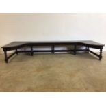 A large oak and stained pine window seat with barley twist legs W:209cm x D:76cm x H:35cm