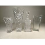 Three pressed glass vases and a decanter. Tallest. W:16cm x D:16cm x H:29cm