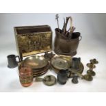 A selection of brass copper and pewter wares