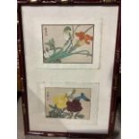 Two Japanese woodcut prints on silk from Flowers of a thousand kinds in later Japanned frame. W:31cm