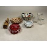 A collection of glassware and ceramics to include cranberry glass bonbon dish, logo embossed glasses