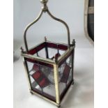An early 20th century brass and leaded glass ceiling hall lantern with original gas pipe fitting.